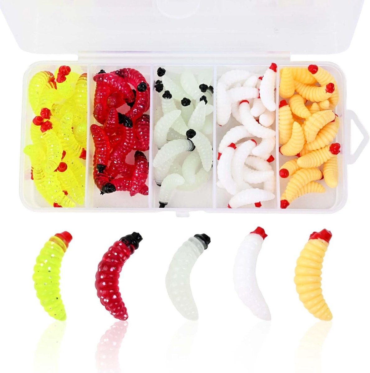 Set van 100 stuks zachte visaas in 5 kleuren, ideaal voor forel, karper en snoek, perfect voor zoet en zout water vissen
