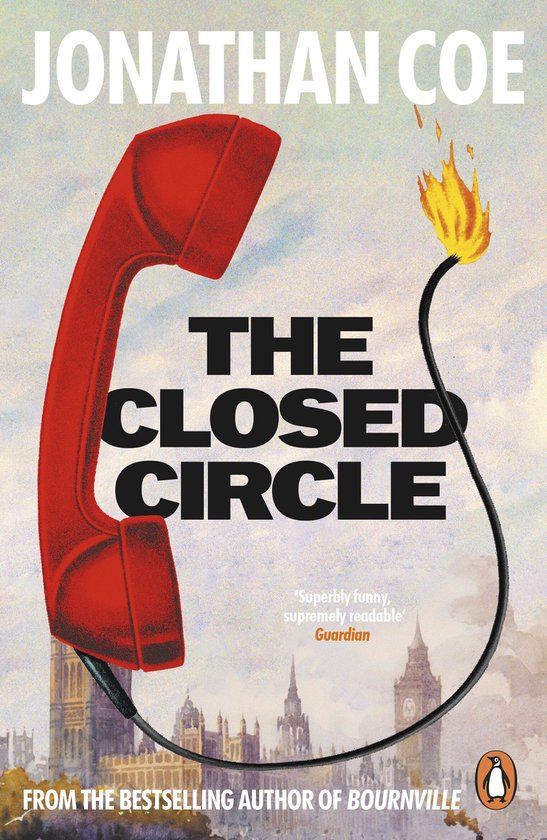 Boekomslag met een rode telefoonhoorn met een brandende lont, 'The Closed Circle' door Jonathan Coe.