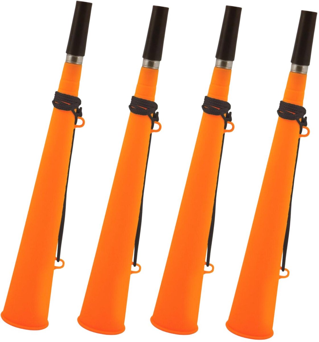 Henbrandt feest / party blaas toeters - set 4x stuks - neon oranje - 37 cm - feestartikelen verjaardag - geluidmakers - hoorns - supporters