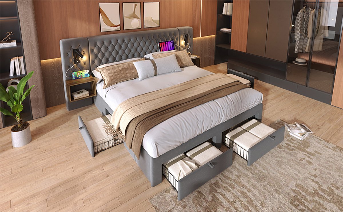 VVBV Gestoffeerd bed 180x200 / Tweepersoonsbed 180x200 – met Opbergruimte, Lades, USB – 4 Lades – Hoofdbord – Fluweel – Grijs – Zonder Matras Gray