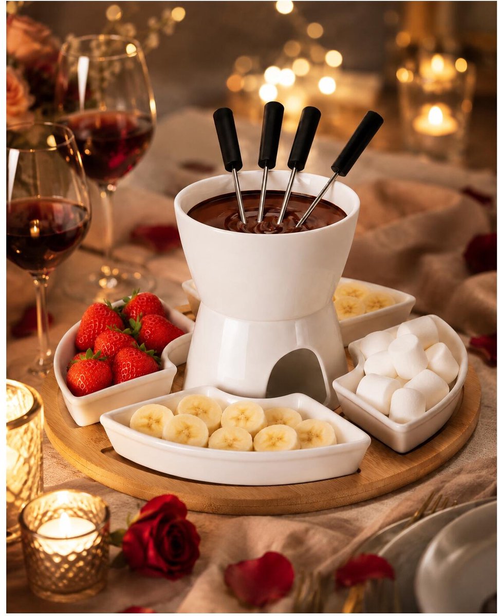 Excellent Houseware Chocolade fondue set - keramiek/bamboe - fondueset - incl 4 vorken – foto 4