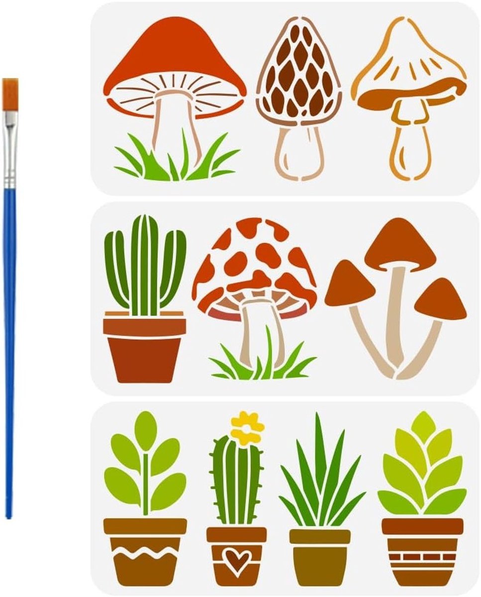 Set van 3 Stencils voor Planten Schilderen met Kwast - 30x15cm - Bloemen, Paddenstoelen en Cactussen - Creatief DIY Sjabloon voor Hout en Stof
