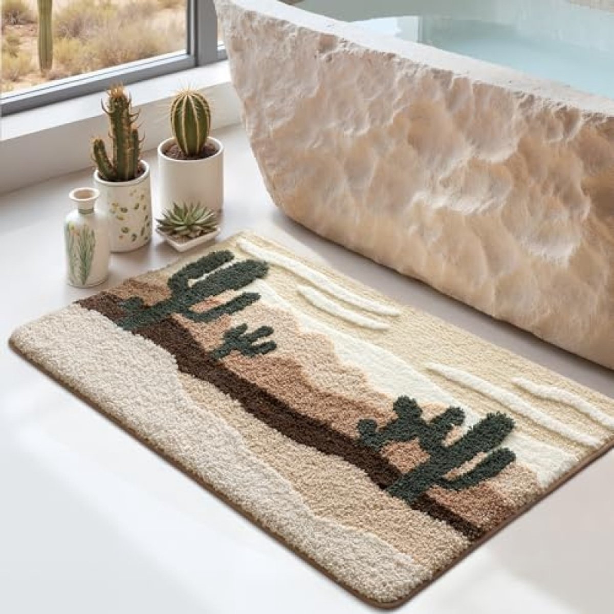 PromoHome Badmat 40 x 60 cm - Antislip Zachte Badkamer Mat - Absorberend en Wasbaar - Beige Cactus