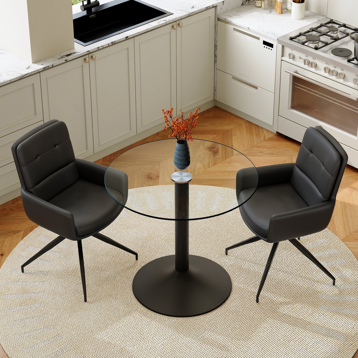 OKWISH Eettafelset 85 Cm - Ronde Glazen Tafel Met 2 Draaibare Eetkamerstoelen - Eethoek -