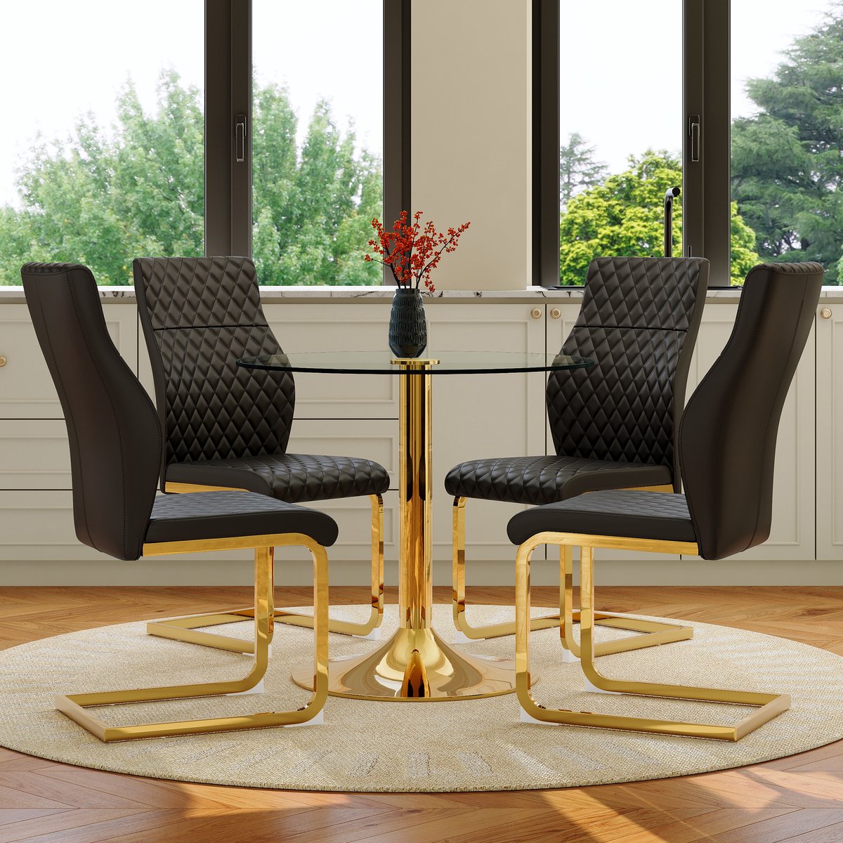 OKWISH Eettafelset 85 Cm - Ronde Glazen Tafel Met 4 Eetkamerstoelen - Modern Luxe - Metaal, Glas En Kunstleer - Zwart Goud Zwart, Goud, Transparant
