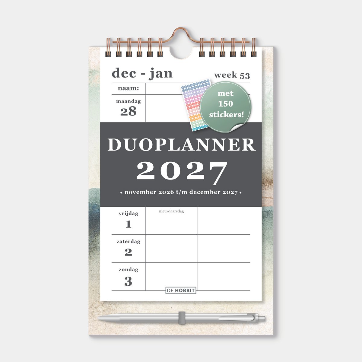 Hobbit - Duoplanner 2027 - A5+ (25 x 16 cm) - 1 week op 1 pagina - Weekkalender voor 2 personen - Met pen - Aquarel Aardetinten