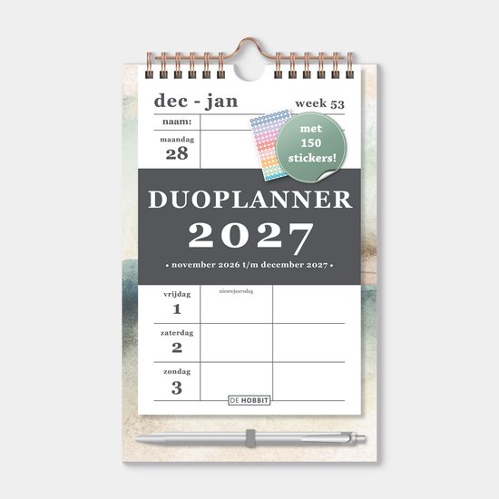 Duoplanner 2027 met aquareldesign, inclusief 150 stickers en een pen.