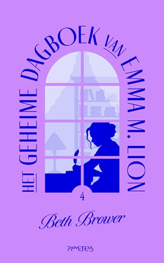 Boek 'Het geheime dagboek van Emma M. Lion 4' door Beth Brower. Paarse kaft met blauw silhouet van een vrouw die aan een bureau schrijft.