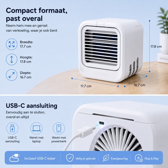 Compacte witte aircooler, 17.7 x 17.8 x 16.7 cm, met USB-C aansluiting, werkt met laptop of powerbank. Veilig en energiezuinig.