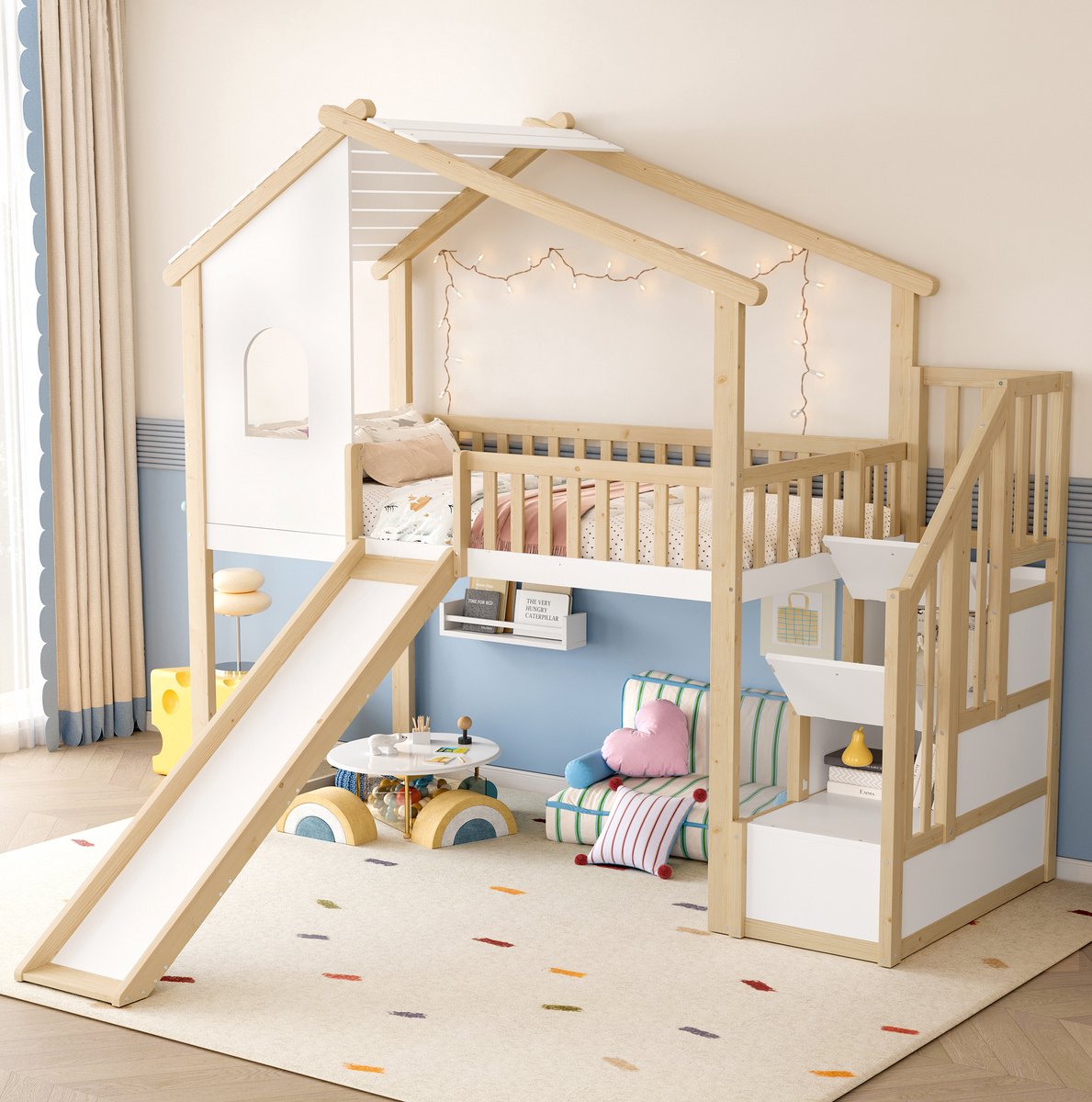 MEUNIQ hoogslaper 90x200 cm met glijbaan, trap met opbergruimte, uitvalbeveiliging en huisvorm voor kinderkamer, naturel en wit Natural+White
