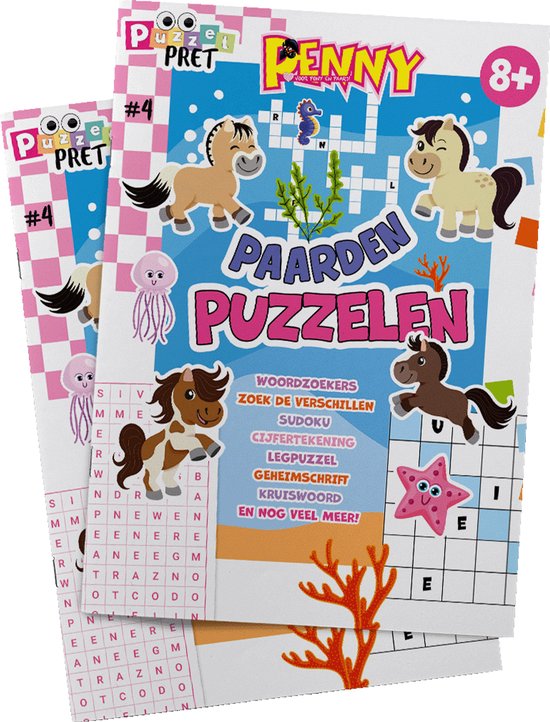 Twee Penny Puzzelpret 4 puzzelboeken met paarden, zeepaardje, kwal en zeesterren op een blauwe achtergrond.