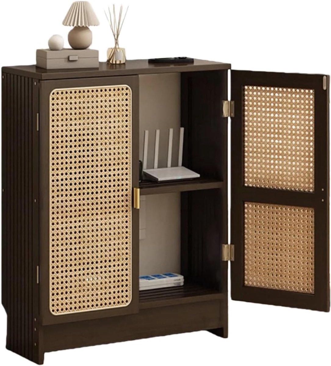 Opbergkast Media - Routerkast Ventilatie - Apparaten Koelen - Rotan Weefdeur - 70x70x25cm - Donker Walnoot