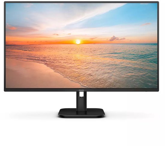 Zwart Philips 27-inch scherm op een slanke standaard met een zonsondergang op de achtergrond.