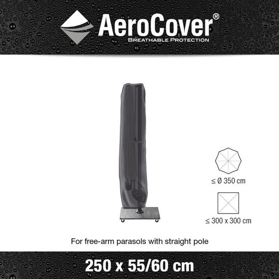 Grijze parasolhoes voor staande parasols, 250x55/60cm. Past op parasols tot Ø 350cm of 300x300cm.