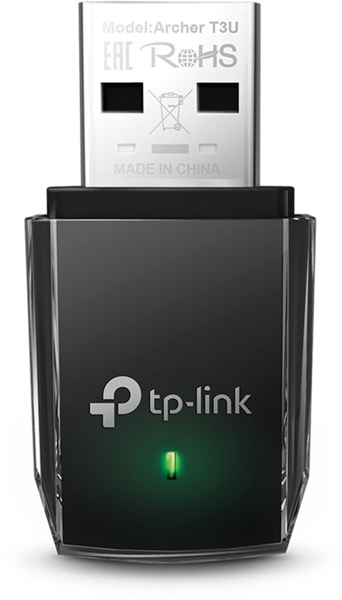 Zwarte TP-Link Archer T3U WiFi-adapter met groene LED indicator, model Archer T3U.