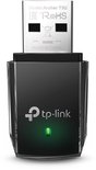 Zwarte TP-Link Archer T3U WiFi-adapter met groene LED indicator, model Archer T3U.