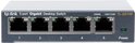 Vooraanzicht van een TP-Link TL-SG105 5-poorts Gigabit Desktop Switch, grijs, met genummerde Ethernetpoorten.