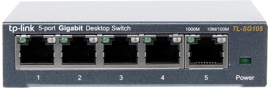 Vooraanzicht van een TP-Link TL-SG105 5-poorts Gigabit Desktop Switch, grijs, met genummerde Ethernetpoorten.
