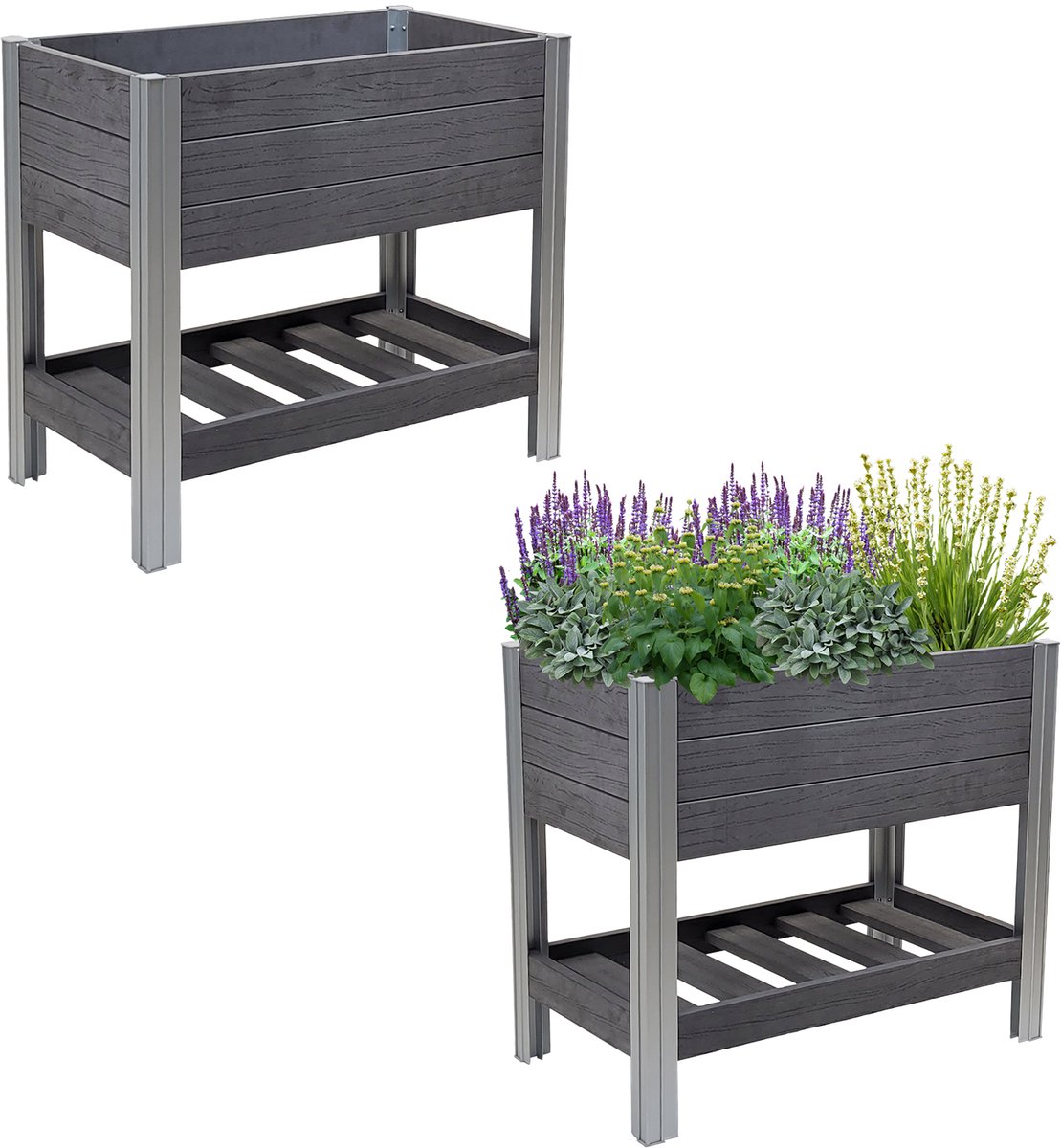 TRUTZHOLM Verhoogd Bed Antraciet - 79x46x74cm 65L Houtlook - Robuust Weerbestendig Kruidenbed met Plank Kweekbak Balkon