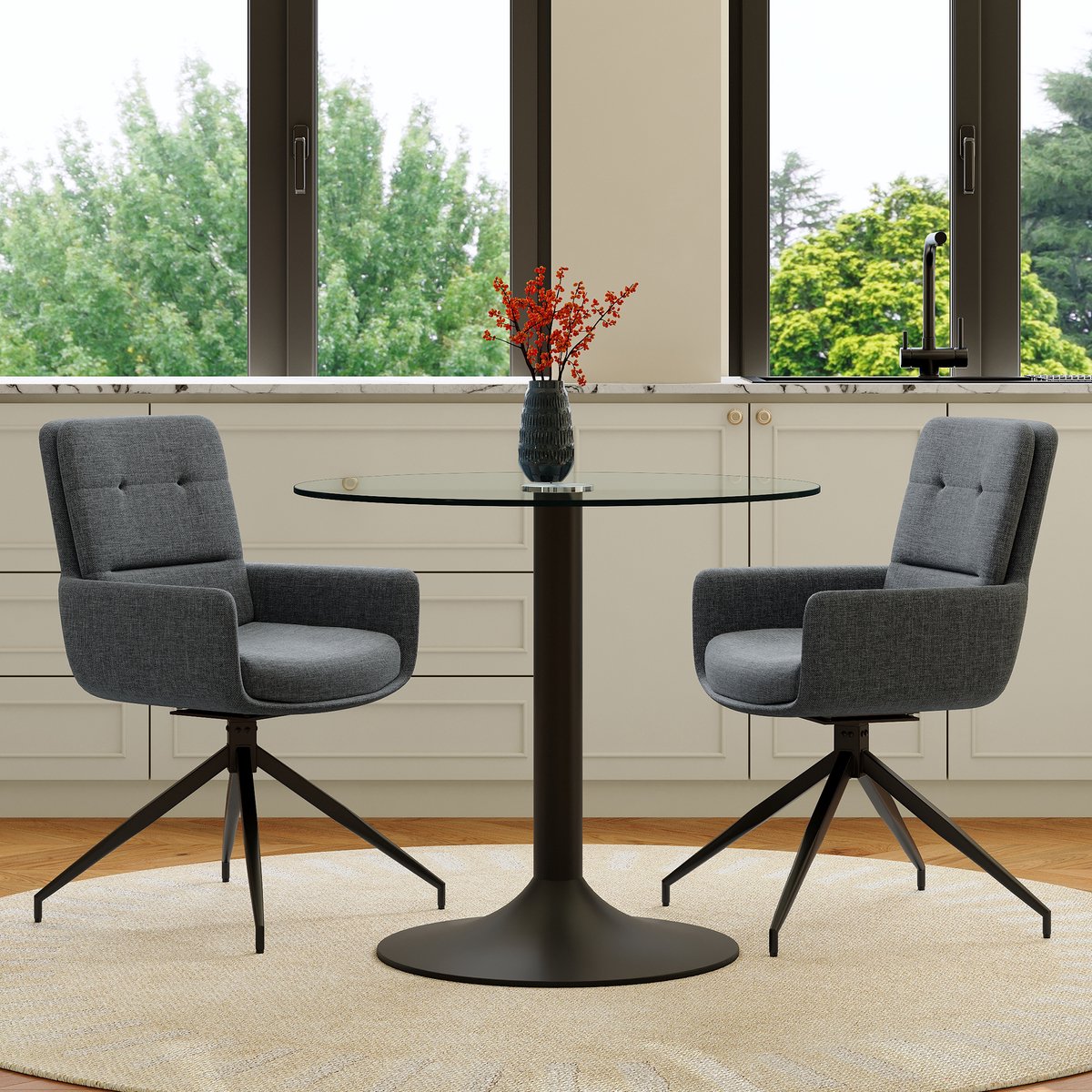 MODENUIT Eettafelset 85 cm - Ronde Tafel met 2 Draaistoelen - Eetkamer - Glas Metaal Stof - Zwart Donkergrijs Zwart, Donkergrijs, Transparant