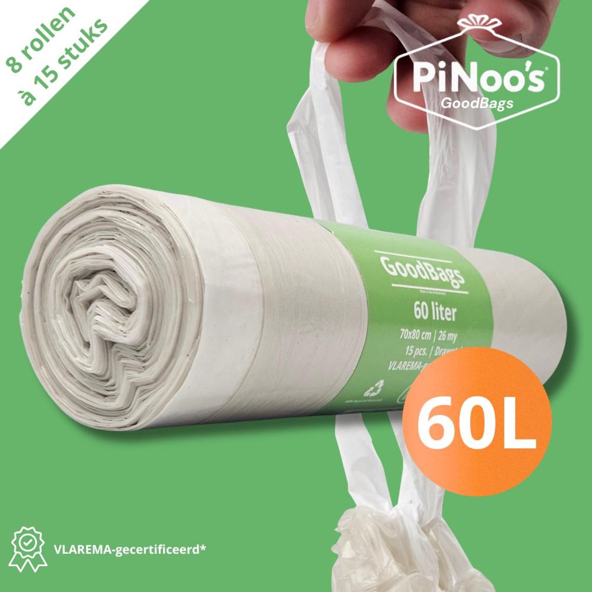 PiNoo’s® GoodBags Vuilniszakken 60 Liter | 8 rollen à 15 zakken - Trekband | 100% Gerecycled LDPE | 26 My | 70x80 cm - Geschikt voor Brabantia en Hailo - 60 liter, Brabantia M alternatief, Brabantia vuilniszakken 60 liter M