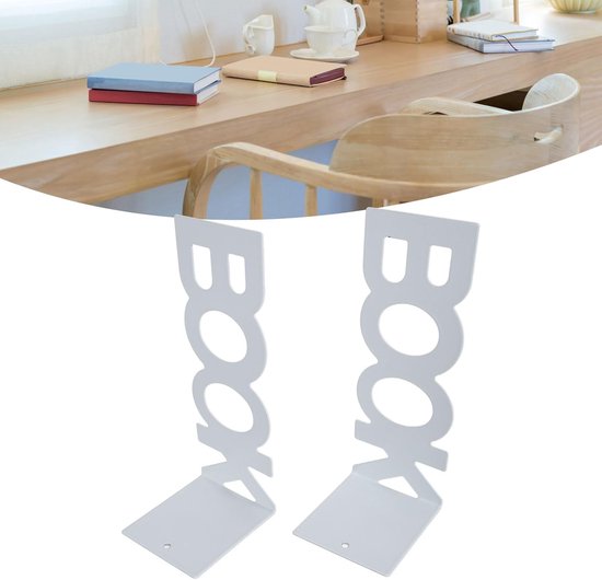 Twee witte metalen boekensteunen geplaatst op een houten bureau.