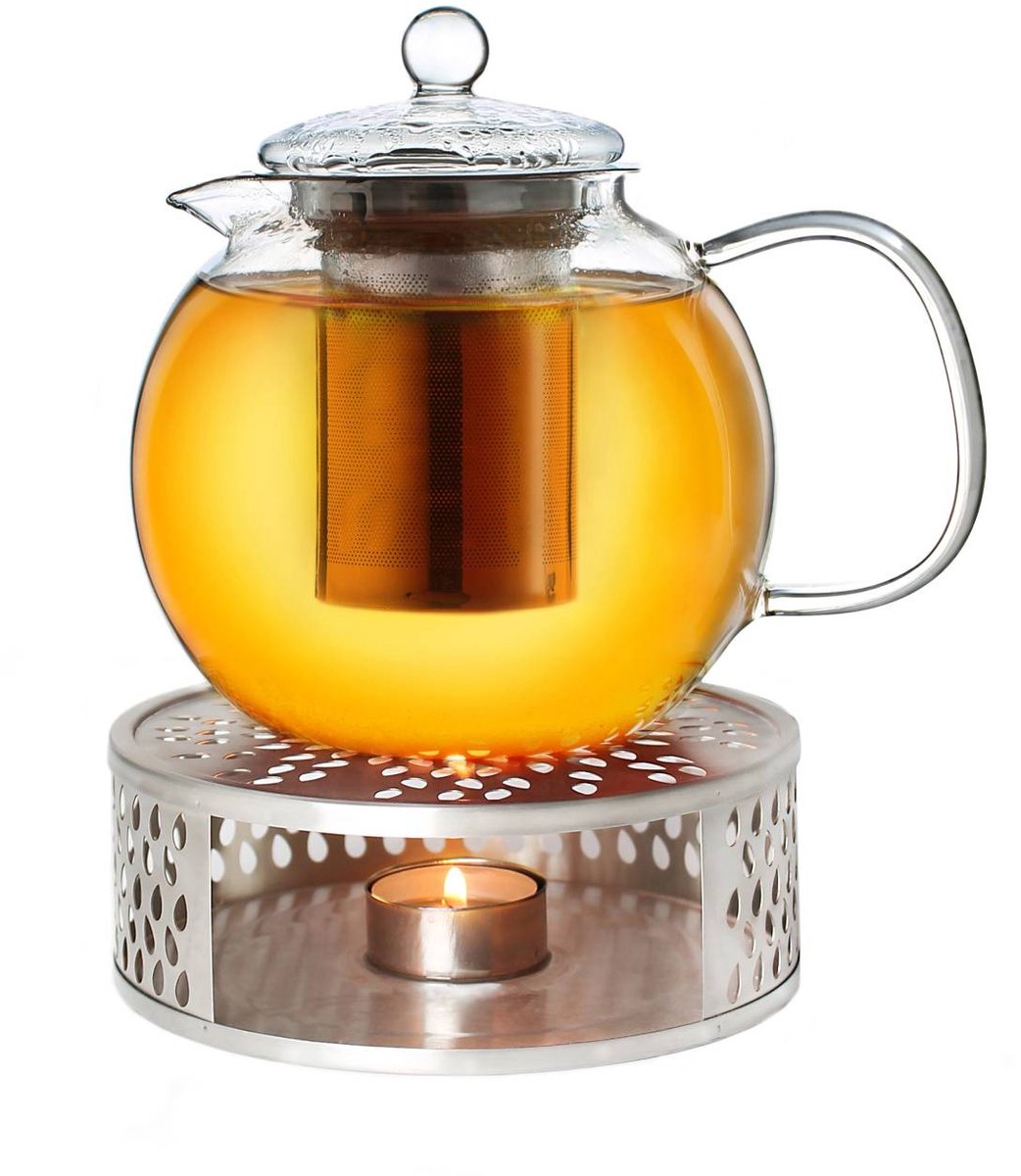 Creano glazen theepot 1,3l + een rvs theelicht, 3-delige glazen theepot met geïntegreerd roestvrijstalen filter en glazen deksel