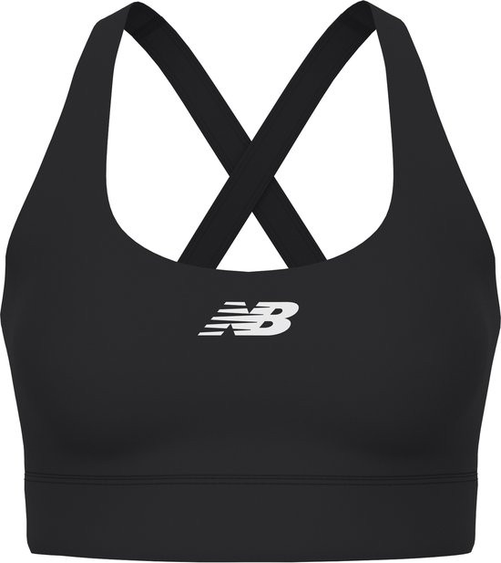 Zwarte sportbeha met gekruiste bandjes en New Balance logo.
