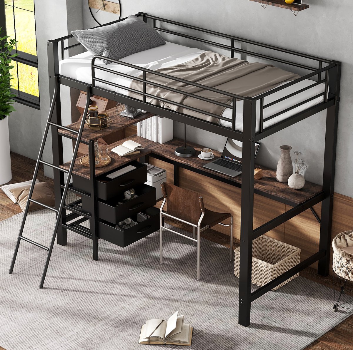 MEUNIQ hoogslaper 90x200 cm met 2 m bureau, 3 lades, schuine 4-treden ladder en metalen bedframe, eenpersoons bed voor kinderkamer of tienerkamer, zwart