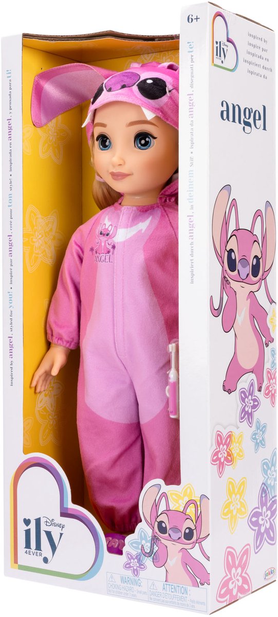 Disney ily 4EVER Angel-pop 45 cm / 18" met blond haar, officieel gelicentieerd door Jakks Pacific, inclusief schattige roze Lilo & Stitch-geïnspireerde onesie met oren, slippers en tandenborstel, cadeau voor meisjes vanaf 6 jaar — afbeelding 2