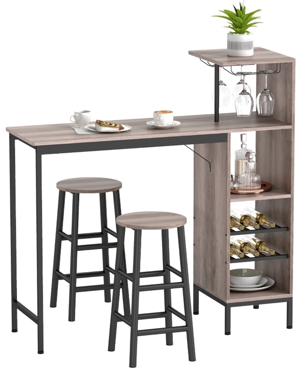 HAUSS SPOLE Barkrukken En Bartafel Set - Set Van 3 - Met Opbergrek, Wijnrek En Glashouders - Voor Keuken En Kleine Ruimtes - MDF Grijs