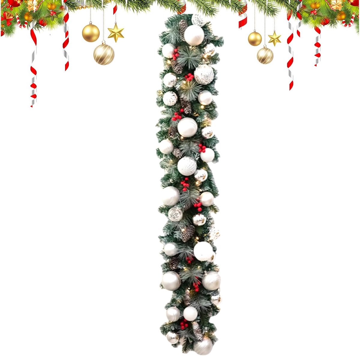 Kerstguirlande Met Verlichting - Kunstmatige Dennegirlande - Feestelijke Decoratie - Automatische Timer Functie - 135 cm - Zilver – foto 7