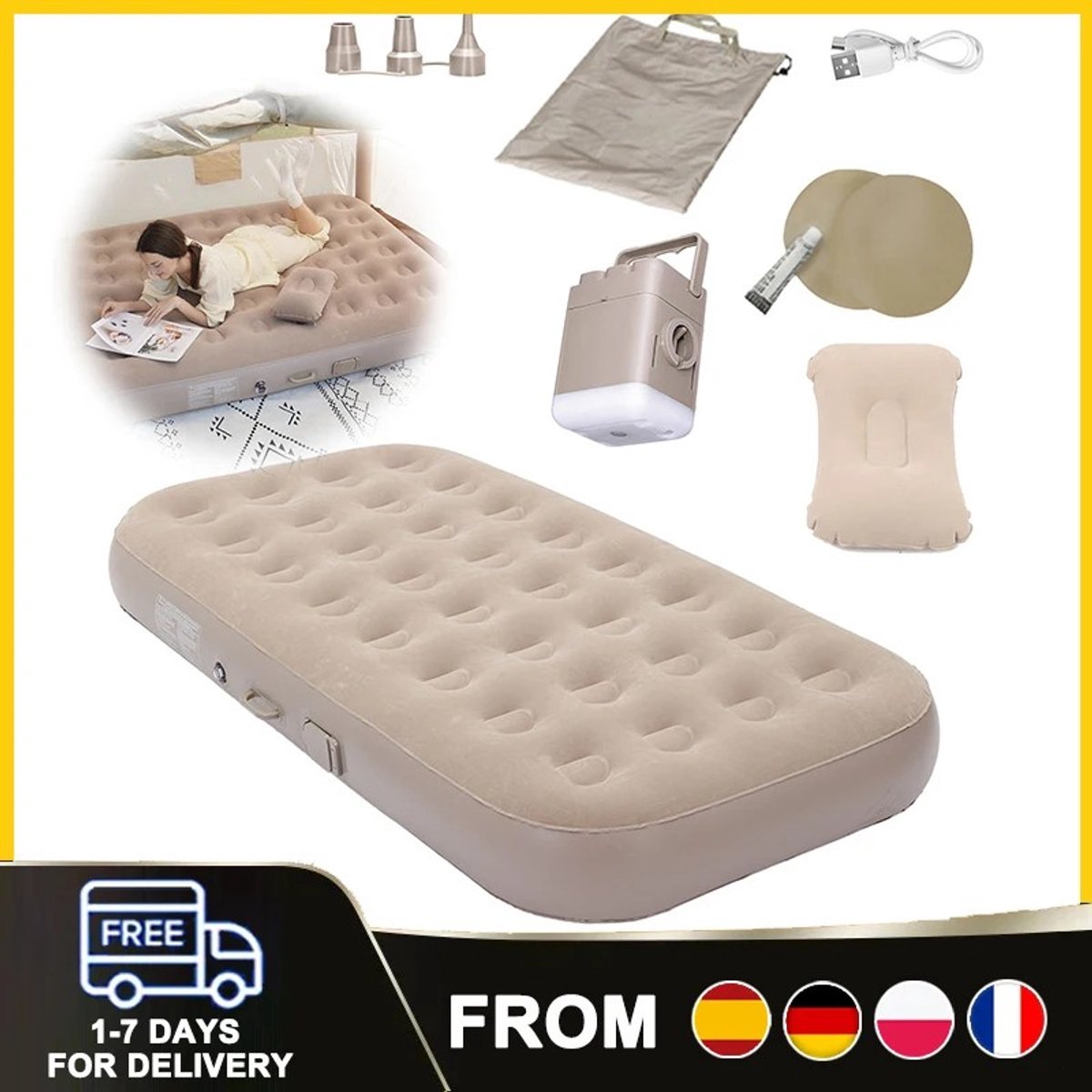Dailygoods Automatisch opblaasbaar luchtbed met ingebouwde pomp voor kamperen, roadtrips, logeerbed, buitenreizen