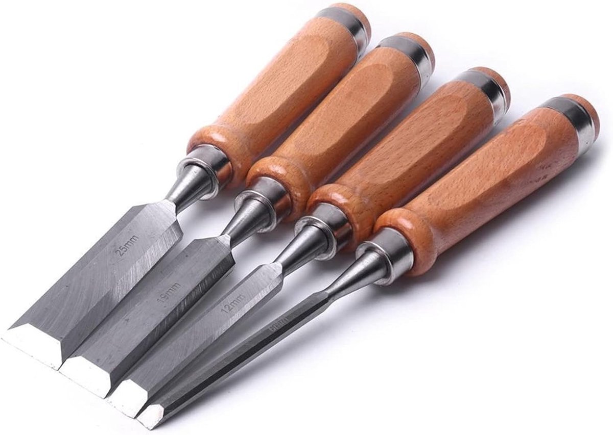 Houtbeitel Set - Timmerman Gereedschap - Hout Bewerken - Chroom Vanadium Staal - 4 Stuks 280mm - Zilverkleurig