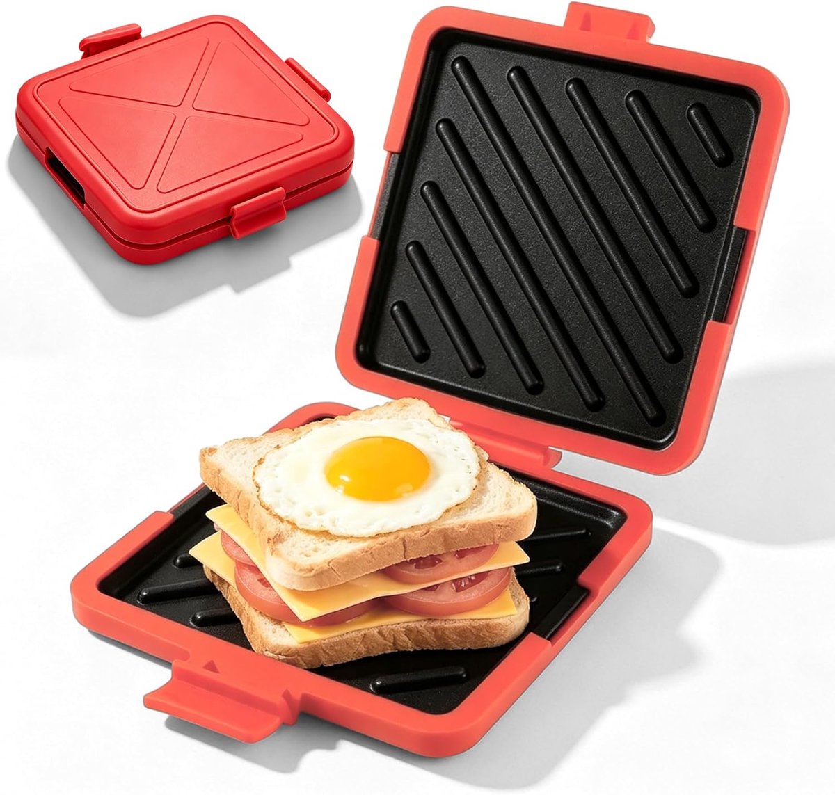 Sandwichmaker Magnetron - Broodrooster Panini - Snelle Snacks Maken - Antiaanbaklaag - 15.5 x 18 x 4.5 cm - Rood