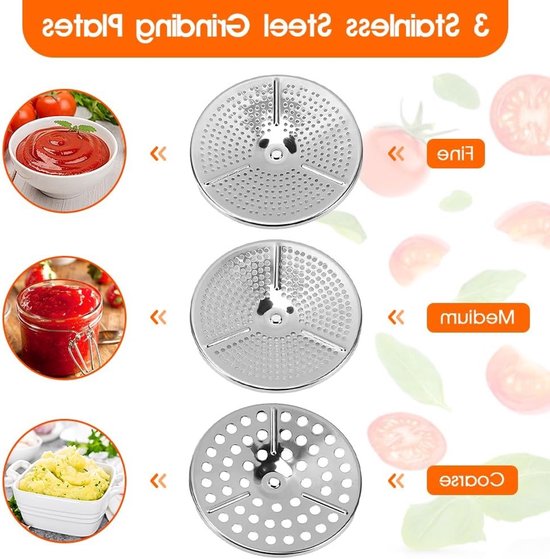 Handmatige Aardappelpers met 3 Schijven en Antislip Handvat voor Groenten, Tomatensaus en Appelmoes, RVS Draaiende Voedselmolen voor Puree en Soepen — afbeelding 3