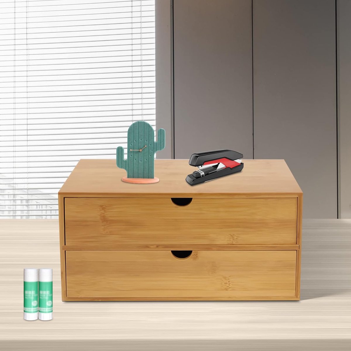 Bureau Organizer - Opbergdoos Lade - Kantoor Organiseren - Natuurlijke Bamboe Look - 2 Laden - Natuurlijk — cadeau in Wonen & Interieur - foto 2