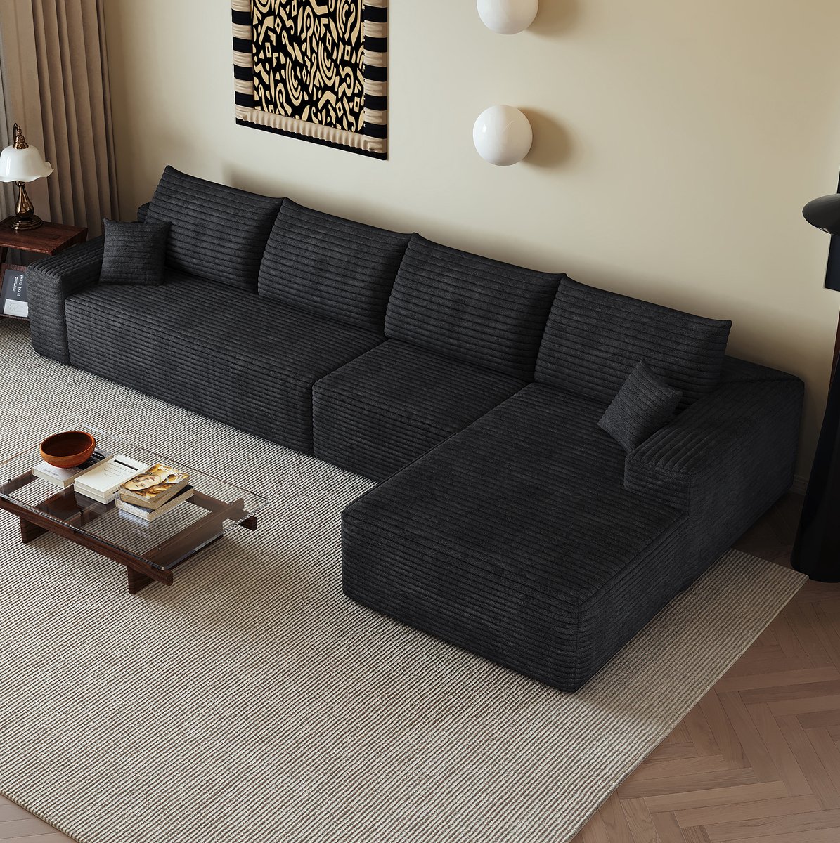 MIVRAY Hoekbank 340 x 175 cm - Modulaire Bank Met L-vormige Chaise Longue En Diepe Zitting - Voor Woonkamer En Slaapkamer - Cordstof Zwart