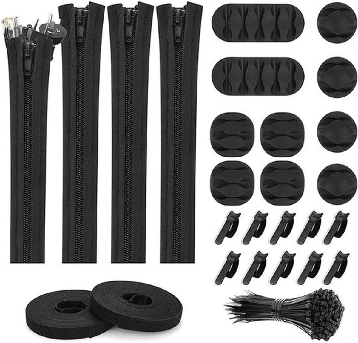 Kabelbeheer-set - Thuis, bureau, kantoor, tv- en computerkabels - 5 soorten accessoireset - Geschikt voor diverse kabels - Zwart model