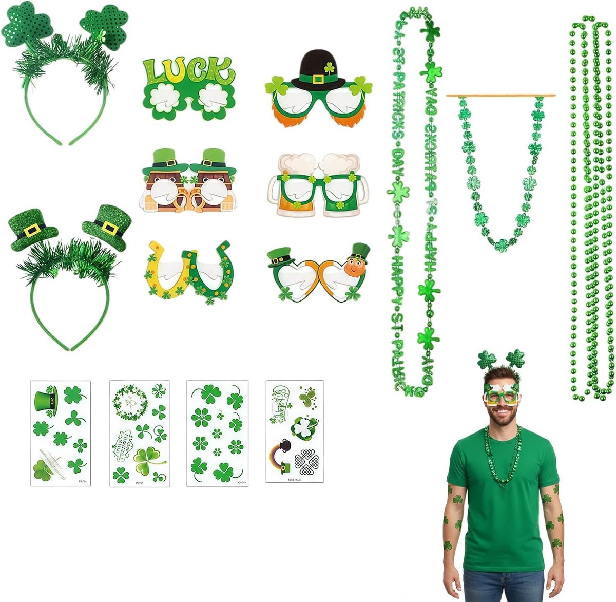 Feestelijke Accessoires voor St. Patrick's Day - 2 Hoofdbanden, 6 Papieren Brillen, 4 Kralenkettingen en 4 Tatoeages voor Onvergetelijke Feesten en Vieringen