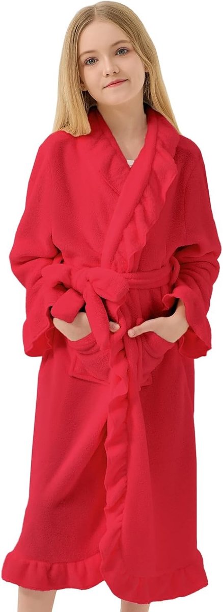 Warme flanellen kinderbadjas met ruches, zachte fleece dressing gown voor meisjes, met riem en zakken