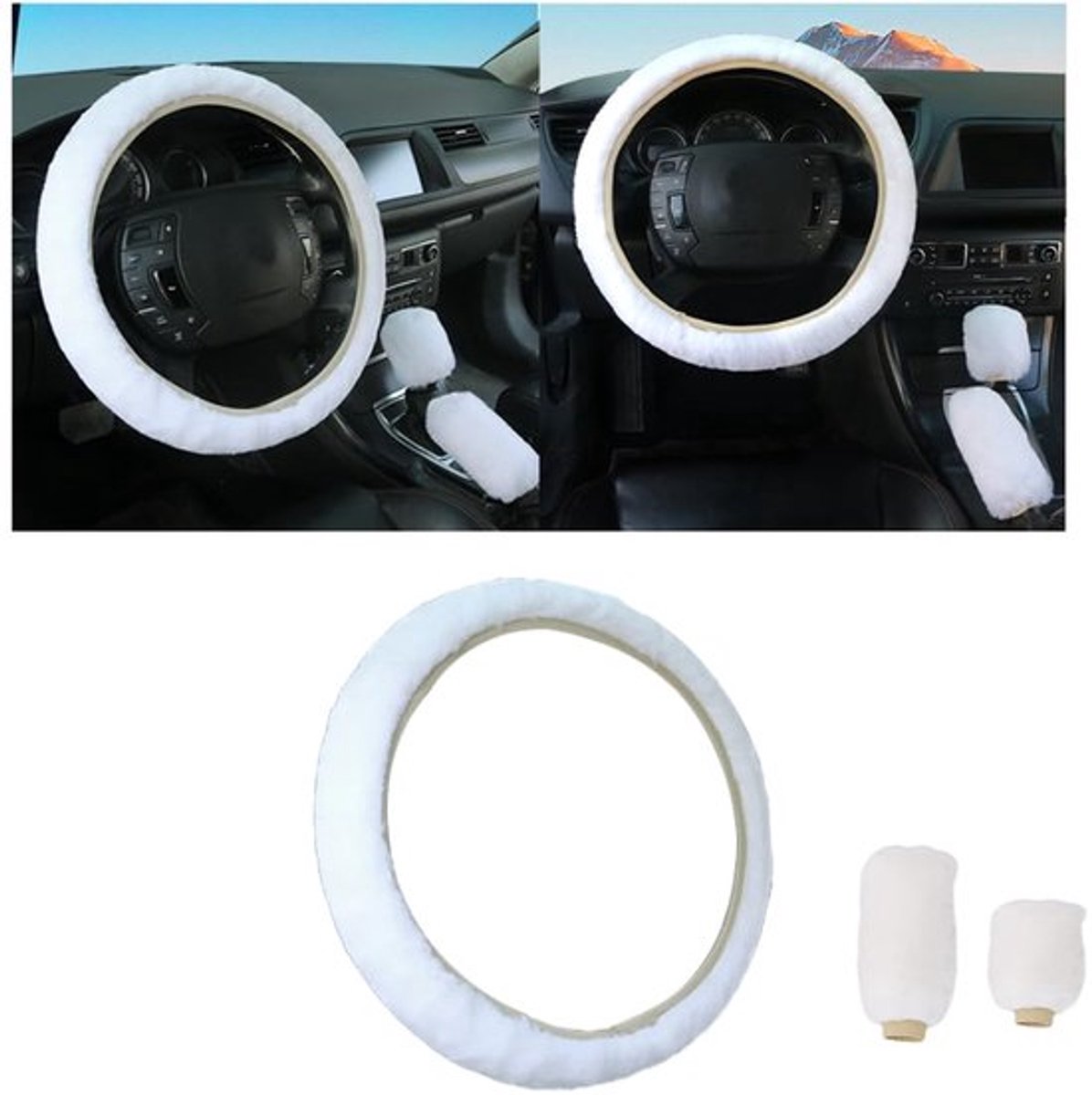 3-delige stuurhoes voor autoaccessoires, zachte pluche stuurhoes, fuzzy stuurhoes warm en comfortabel in de winter, telescopische stuurhoes van pluche (wit)
