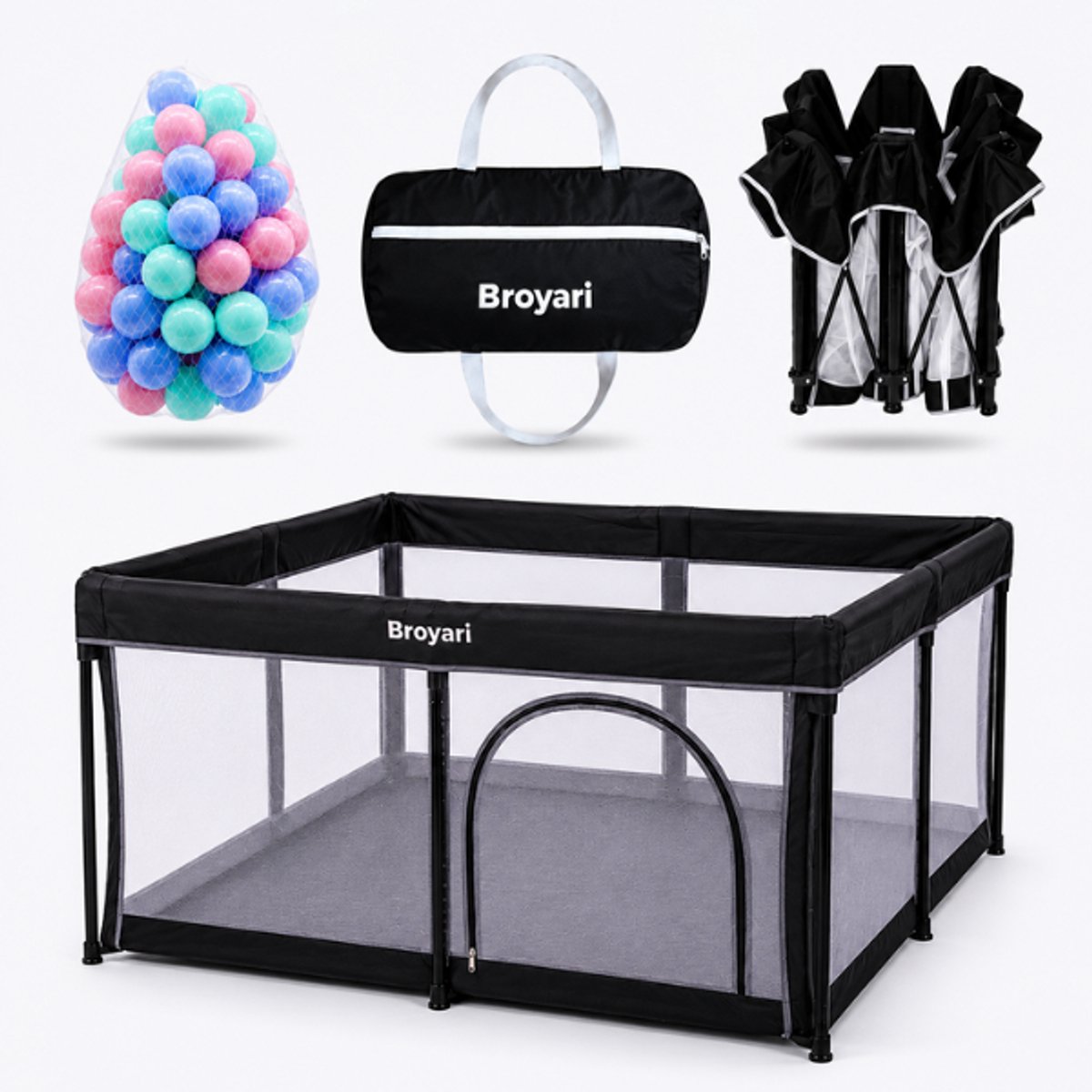 Broyari® Grondbox Baby 127x127 cm – Binnen 2 Seconden Inklapbaar – Inclusief Speelmat & 50 Speelballen – Opvouwbare Baby Speelbox – Kinderbox – Playpen – Zwart – foto 6