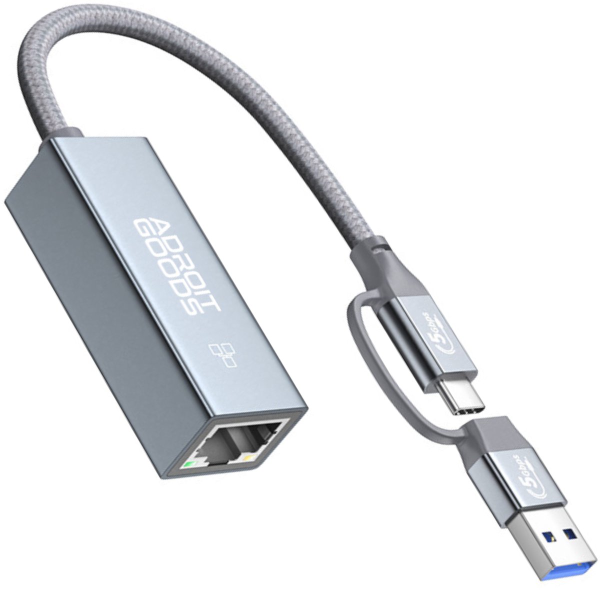 USB-A + USB-C 3.0 naar RJ45 2.5G (2500Mbps) Ethernet Adapter Dual Connector LAN Adapter 2-in-1 High Speed Netwerkadapter Aluminium Plug & Play