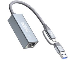 USB-A + USB-C 3.0 naar RJ45 2.5G (2500Mbps) Ethernet Adapter Dual Connector LAN Adapter 2-in-1 High Speed Netwerkadapter Aluminium Plug & Play