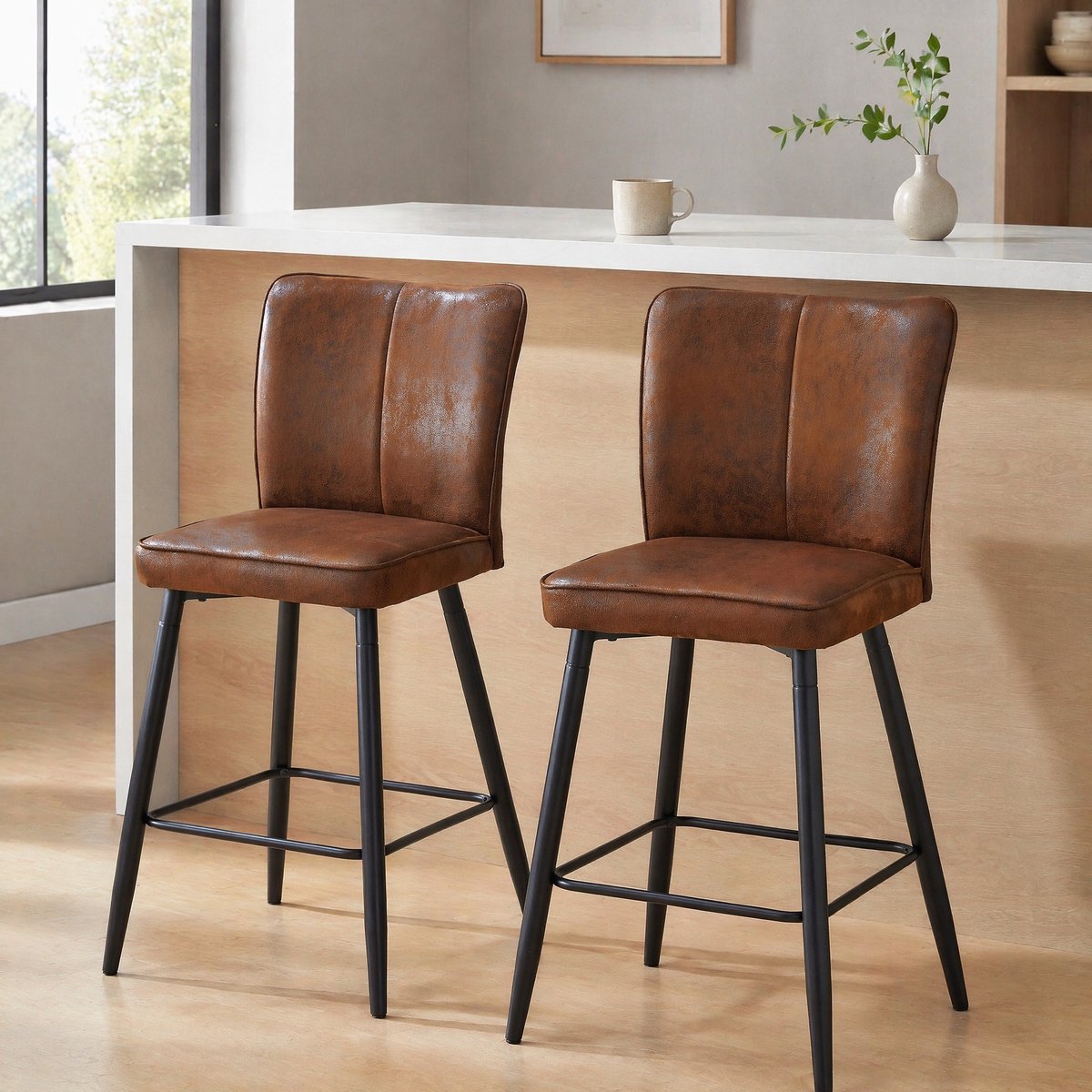 DESMIU Barkruk 101 Cm - Set Van 2 Met Ergonomische Rugleuning En Voetsteun - Voor Keuken En Bar - Stof En Metaal - Bruin Zwart