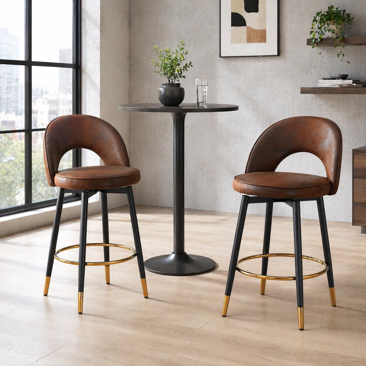 DESMIU Barkruk 47,4 Cm - 360 Graden Draaibaar Met Rugleuning En Gewatteerde Zitting - Voor Bar Keuken En Eetkamer - Stof En Metaal - Bruin Zwart