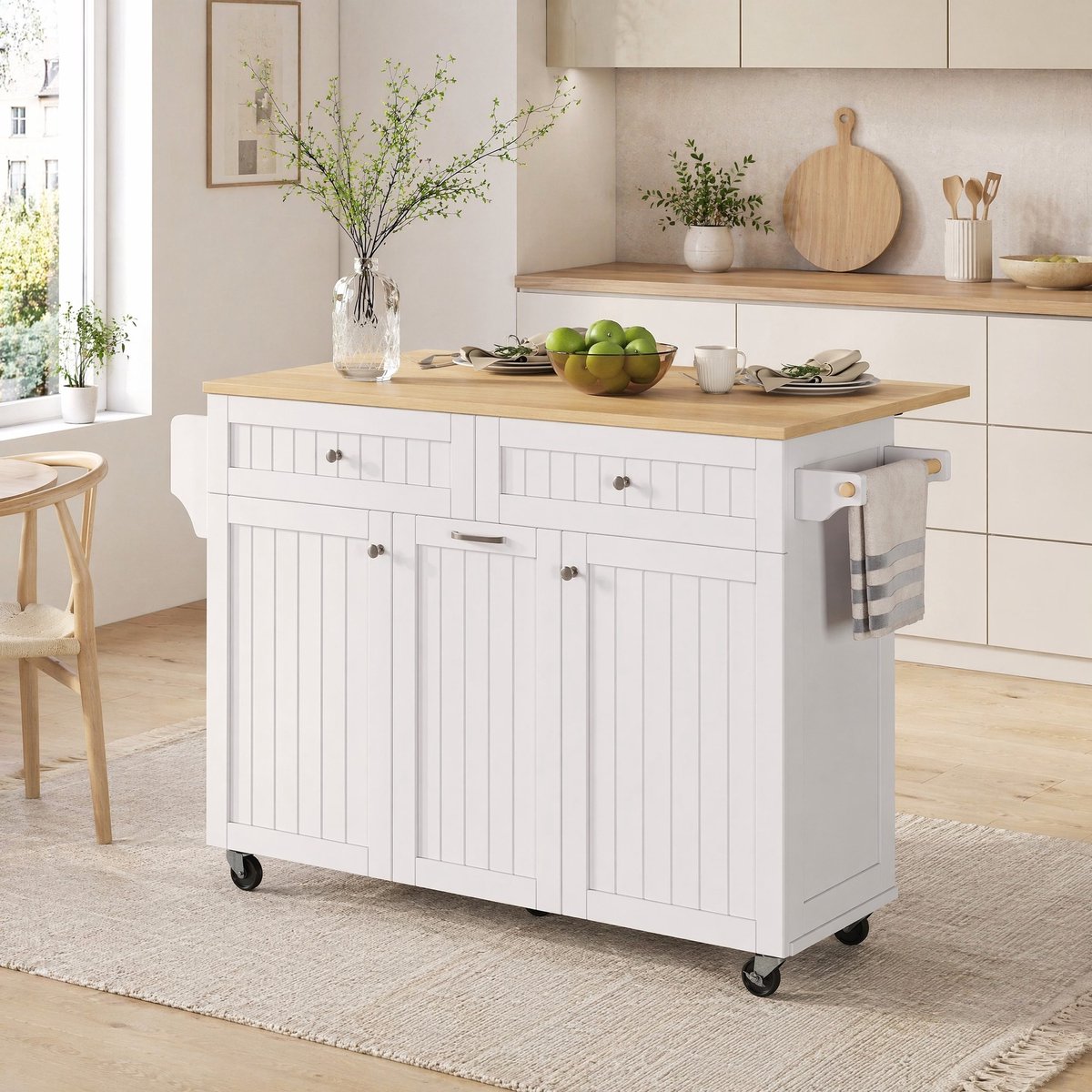 COVREO Keukenkast 140 x 40-70 x 92 cm - op wielen, uitklapbaar werkblad, wit