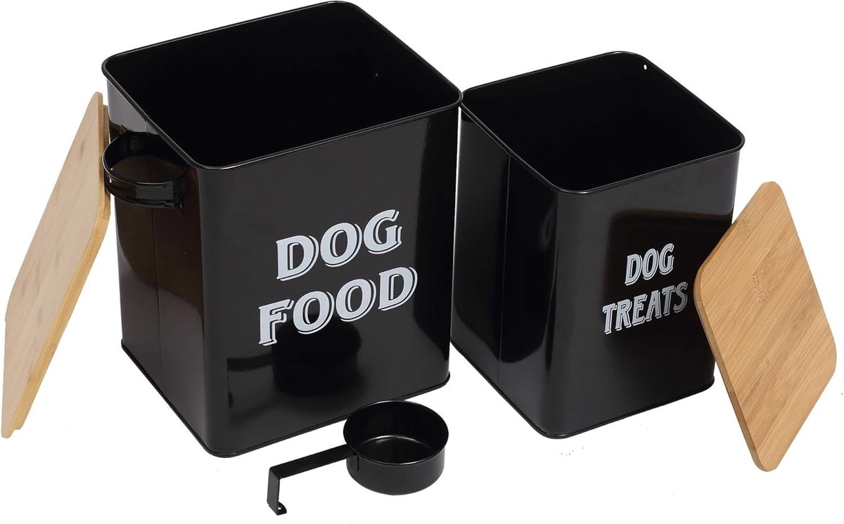 Set van Opbergcontainers voor Honden- en Kattenvoeding met Schep - Beige Poedercoated Staal - Houten Deksel - Voedselopslag - Dierenaccessoires - Duurzaam en Stijlvol
