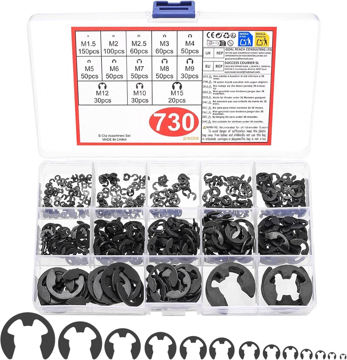 730 Stuks Circlips in Diverse Maten - Externe Bevestigingsringen, C Clips, E Clips en Interne Snap Ringen Assortiment voor Circlip Tangen